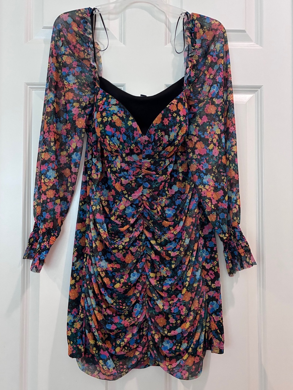 Miss Selfridge Black Multi Floral Ruched Long-Sleeve Mini Dress